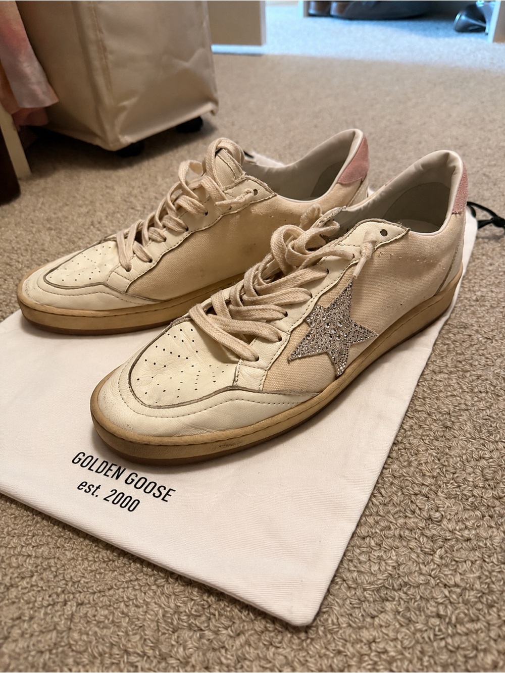 Golden Goose Beige Leather & Suede swarovski rhinestone  Star Sneakers -